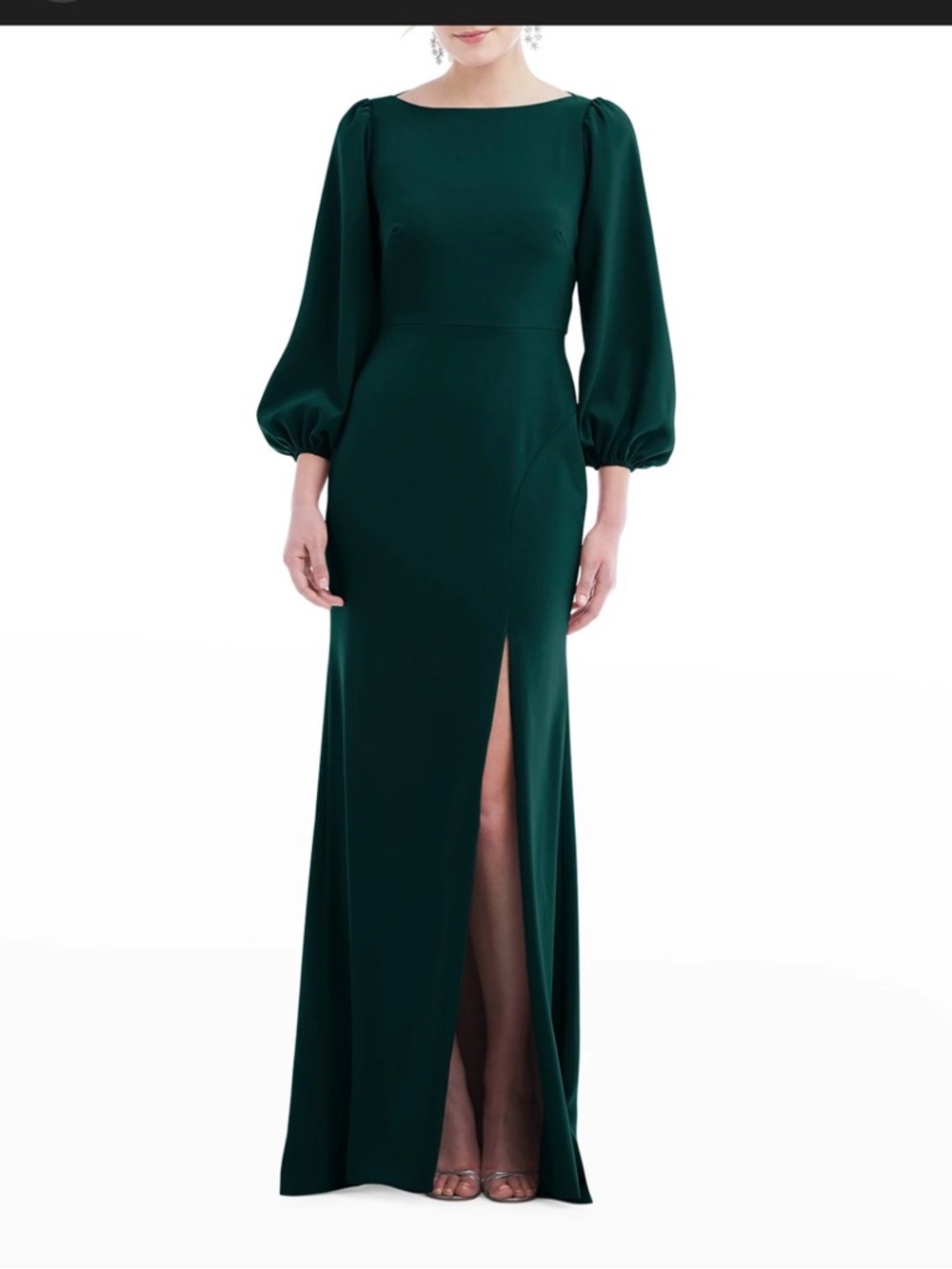 Dessy Collection Emerald Green Crepe Backless Gown with Bow